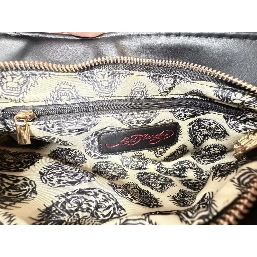 Ed Hardy Black Striking Tiger Tattoo Art With Rhinestones Shoulder Bag w/Charms